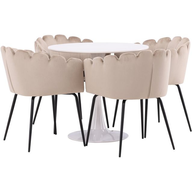 Pyöreä ruokailuryhmä Venture Home, Ø80cm, valkoinen Hamden-pöytä + 4 beigeä Limhamn-tuolia, sametti