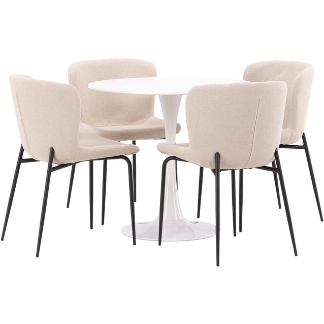 Pyöreä ruokailuryhmä Venture Home, Ø80cm, valkoinen Hamden-pöytä + 4 Modesto-tuolia, bouclé