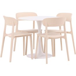 Pyöreä ruokailuryhmä Venture Home, Ø80cm, valkoinen Hamden-pöytä + 4 beigeä Åstol-tuolia