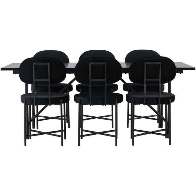 Ruokailuryhmä Venture Home, musta 200x90cm Astrid-ruokapöytä + 6 mustaa Stella-tuolia, sametti