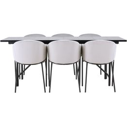 Ruokailuryhmä Venture Home, musta 200x90cm Astrid-ruokapöytä + 6 vaaleanharmaata Evelina-tuolia, sametti