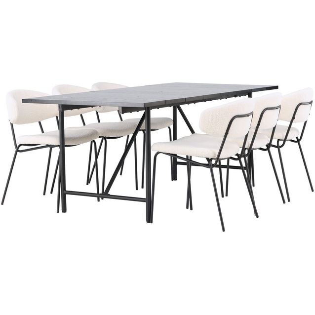 Ruokailuryhmä Venture Home, 200x90cm musta Astrid-pöytä + 6 valkoista Chico-tuolia, bouclé