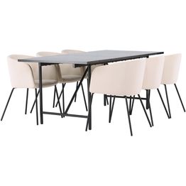 Ruokailuryhmä Venture Home, 200x90cm musta Astrid-pöytä + 6 beigeä Berit-tuolia, sametti