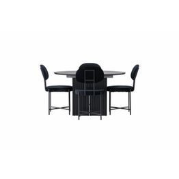 Ruokailuryhmä Venture Home, ⌀130cm, jatkettava Matilda-pöytä + 4 mustaa Stella-tuolia, sametti