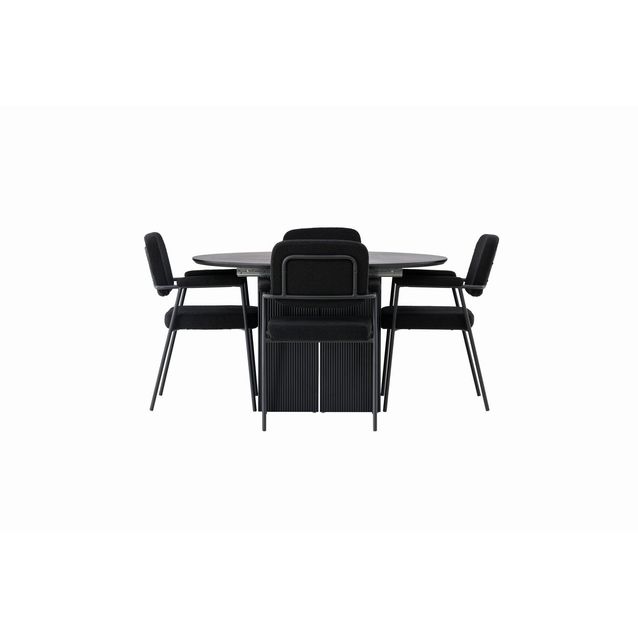 Ruokailuryhmä Venture Home, ⌀130cm, jatkettava Matilda-pöytä + 4 mustaa Yesterday-tuolia, bouclé