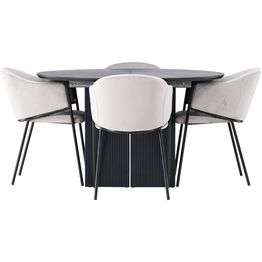 Ruokailuryhmä Venture Home, ⌀130cm, jatkettava Matilda-pöytä + 4 mustaa Evelina-tuolia, sametti