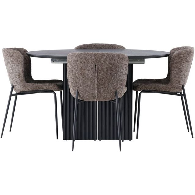 Ruokailuryhmä Venture Home, ⌀130cm, jatkettava Matilda-pöytä + 4 Modesto-tuolia, bouclé