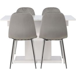 Ruokailuryhmä Venture Home, jatkettava Pluto-pöytä + 4 vaaleanharmaata Eva-tuolia, sametti