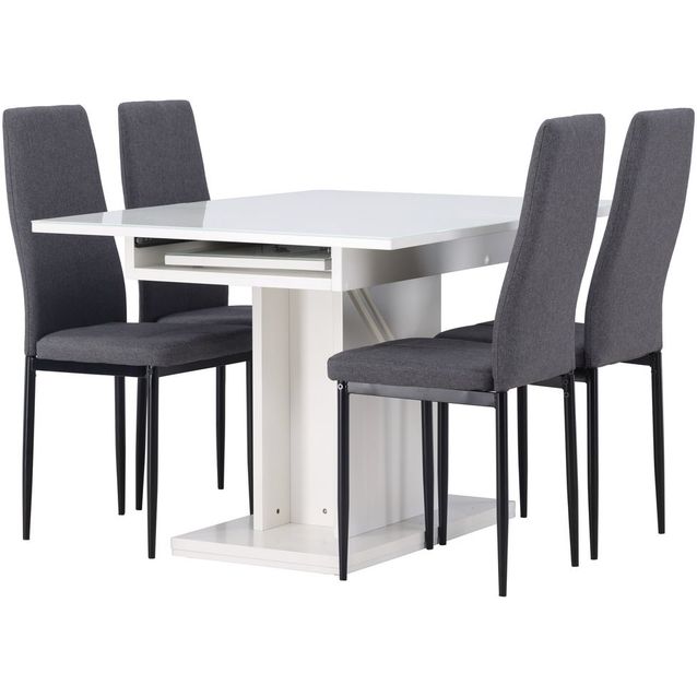 Ruokailuryhmä Venture Home, jatkettava valkoinen Pluto-pöytä + 4 tummanharmaata Petra-tuolia