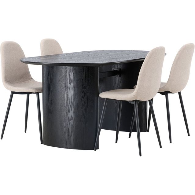 Ruokailuryhmä Venture Home, musta Isolde-pöytä + 4 beigeä Polar-tuolia, bouclé