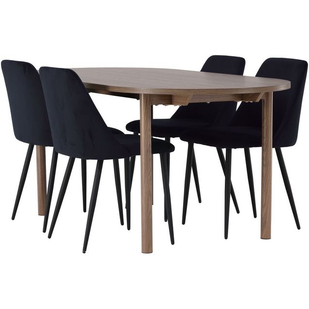 Ruokailuryhmä Venture Home, 180x90cm ruskea Andy-pöytä + 4 mustaa Night-tuolia, sametti