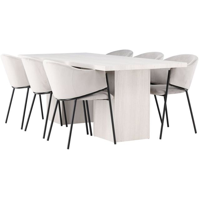 Ruokailuryhmä Venture Home, 200x90cm valkoinen Olga-pöytä + 6 vaaleanharmaata Evelina-tuolia, sametti
