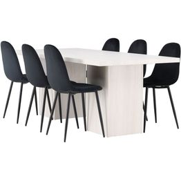 Ruokailuryhmä Venture Home, 200x90cm valkoinen Olga-pöytä + 6 mustaa Polar-tuolia, sametti
