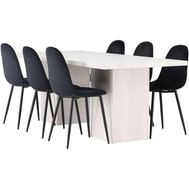 Ruokailuryhmä Venture Home, 200x90cm valkoinen Olga-pöytä + 6 mustaa Polar-tuolia, sametti