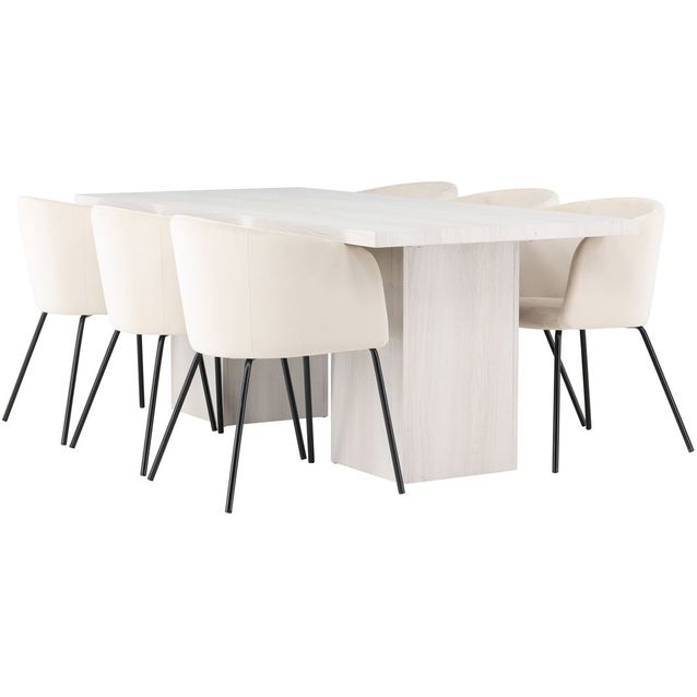 Ruokailuryhmä Venture Home, 200x90cm valkoinen Olga-pöytä + 6 beigeä Berit-tuolia