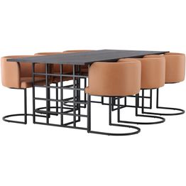 Ruokailuryhmä Venture Home, 220x100cm musta Ystad -pöytä + 6 ruskeaa Simrishamn-tuolia