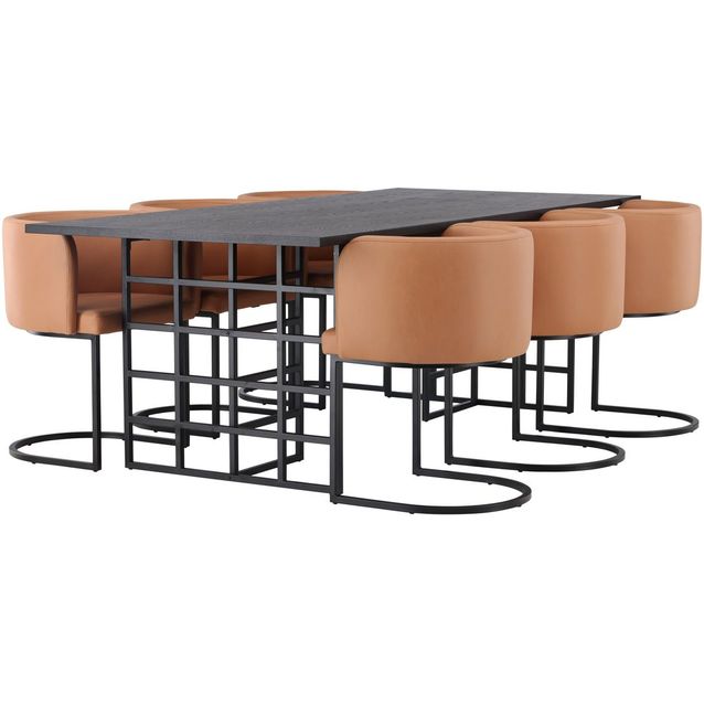 Ruokailuryhmä Venture Home, 220x100cm musta Ystad -pöytä + 6 ruskeaa Simrishamn-tuolia