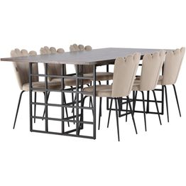 Ruokailuryhmä Venture Home, 220x100cm Ystad-pöytä + 6 beigeä Limhamn light -tuolia, sametti