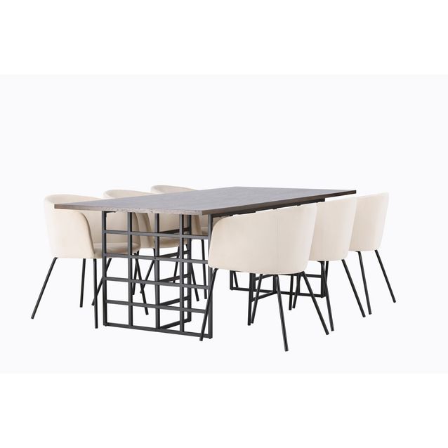Ruokailuryhmä Venture Home, 220x100cm Ystad-pöytä + 6 beigeä Berit-tuolia, sametti