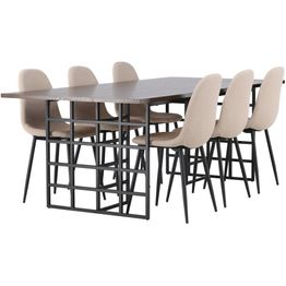 Ruokailuryhmä Venture Home, 220x100cm Ystad-pöytä + 6 beigeä Polar-tuolia, bouclé