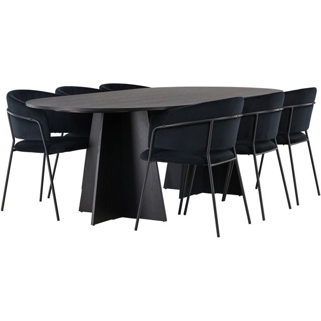 Ruokailuryhmä Venture Home, 230x115cm musta Bootcut Oval -pöytä + 6 mustaa Selma-tuolia, sametti