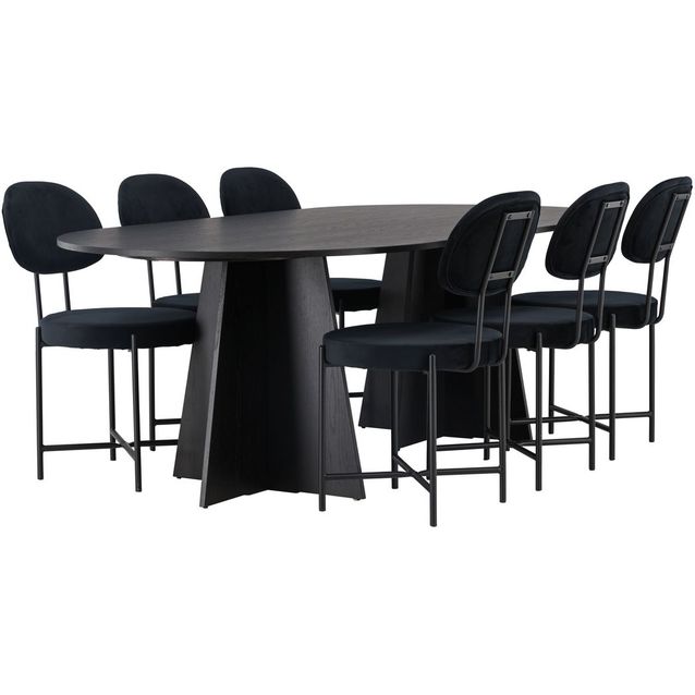 Ruokailuryhmä Venture Home, 230x115cm musta Bootcut Oval -pöytä + 6 mustaa Stella-tuolia, sametti
