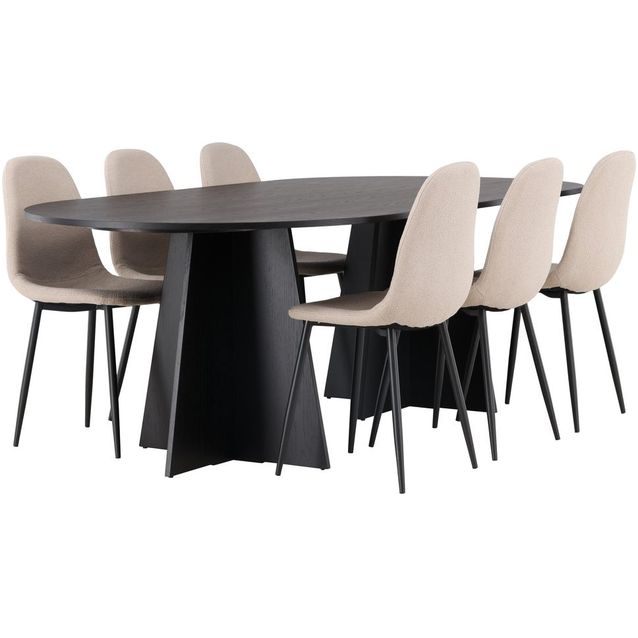 Ruokailuryhmä Venture Home, 230x115cm musta Bootcut Oval -pöytä + 6 beigeä Polar-tuolia, bouclé