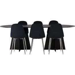 Ruokailuryhmä Venture Home, 230x115cm musta Bootcut-pöytä + 6 mustaa Polar-tuolia, sametti