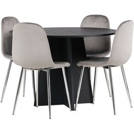 Ruokailuryhmä Venture Home, ⌀110cm musta Bootcut-pöytä + 4 vaaleanharmaata Eva-tuolia, sametti