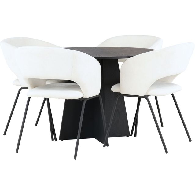 Ruokailuryhmä Venture Home, ⌀110cm musta Bootcut-pöytä + 4 valkoista Day-tuolia