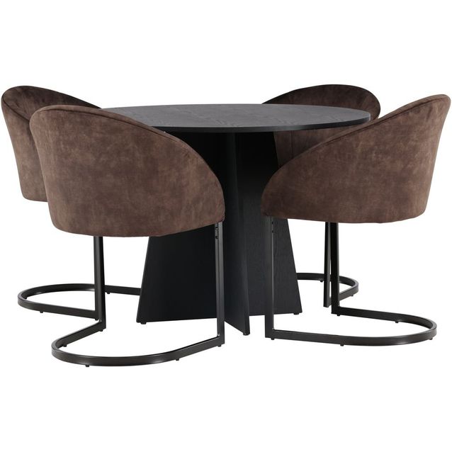 Ruokailuryhmä Venture Home, ⌀110cm musta Bootcut-pöytä + 4 ruskeaa Evening-tuolia