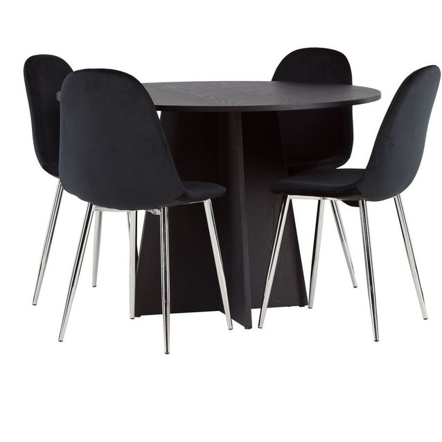 Ruokailuryhmä Venture Home, ⌀110cm musta Bootcut-pöytä + 4 mustaa Polar-tuolia, sametti/kromi