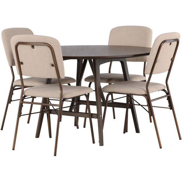 Ruokailuryhmä Venture Home, ⌀100cm ruskea Kaseidon-pöytä + 4 beigeä Seda-tuolia