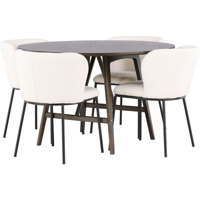 Ruokailuryhmä Venture Home, ⌀100cm ruskea Kaseidon-pöytä + 4 valkoista Edina-tuolia