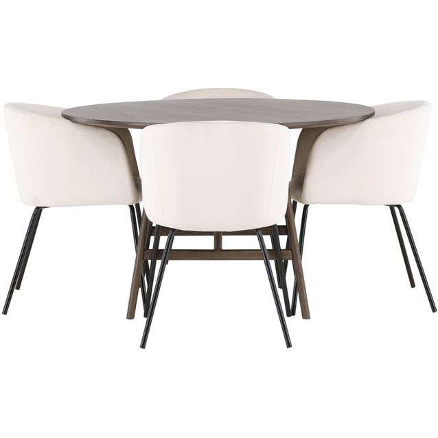 Ruokailuryhmä Venture Home, ⌀100cm ruskea Kaseidon-pöytä + 4 beigeä Berit-tuolia, sametti
