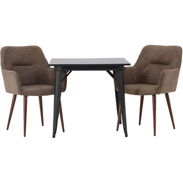 Ruokailuryhmä Venture Home, 80x80cm musta Tempe-pöytä + 2 ruskeaa Tomorrow-tuolia