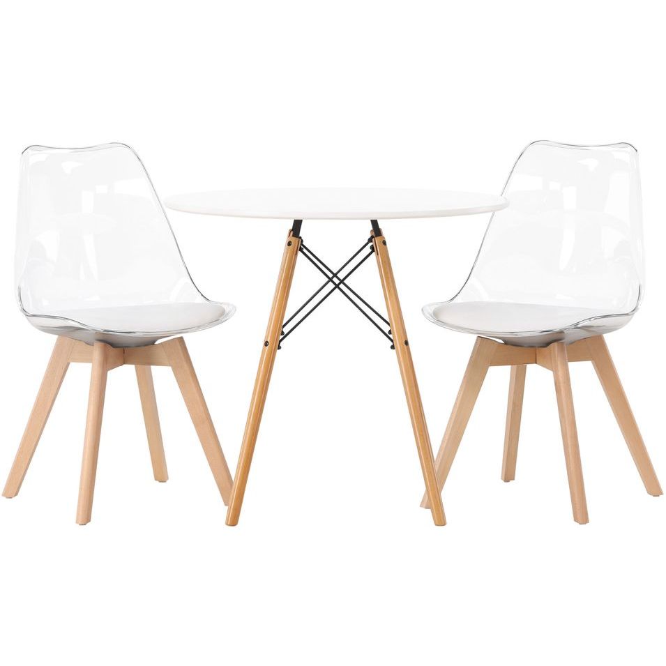 Ruokailuryhmä Venture Home, pyöreä Danburi-pöytä + 2 valkoista Edvin-tuolia