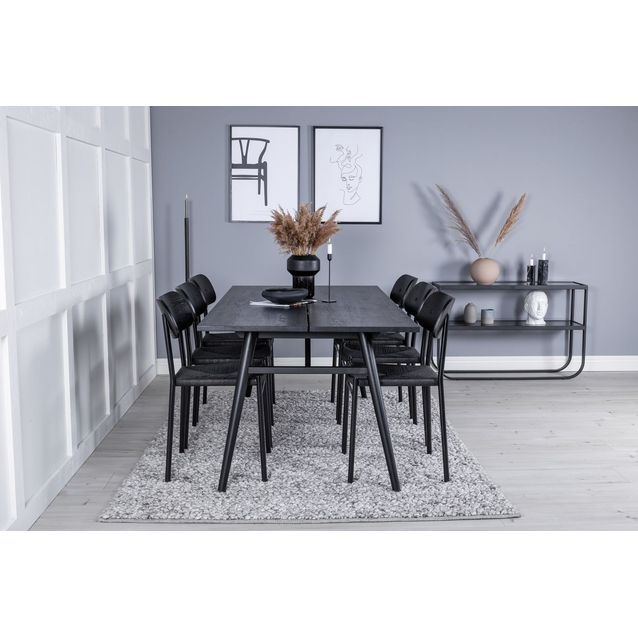 Ruokailuryhmä Venture Home, Sleek-ruokapöytä + 6 mustaa Polly-tuolia