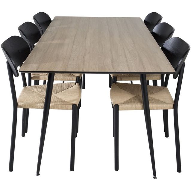 Ruokailuryhmä Venture Home, 180x90cm ruskea Silar-pöytä + 6 beige-mustaa Polly-tuolia
