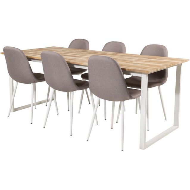 Ruokailuryhmä Venture Home, Cirebon-lankkupöytä + 6 harmaata Polar-tuolia
