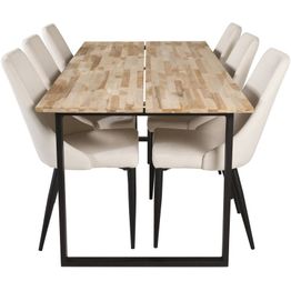 Ruokailuryhmä Venture Home, Cirebon-lankkupöytä + 6 beigeä Leone-tuolia