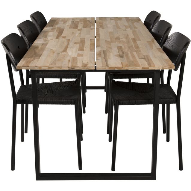 Ruokailuryhmä Venture Home, 200x90cm ruskea Polly-pöytä + 6 mustaa Cirebon-tuolia