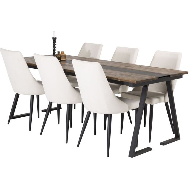 Ruokailuryhmä Venture Home, 200x90cm Jakarta-pöytä + 6 beigeä Leone-tuolia, vakosametti