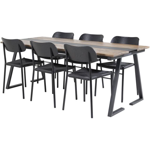 Ruokailuryhmä Venture Home, 200x90cm Jakarta-pöytä + 6 mustaa Polly-tuolia