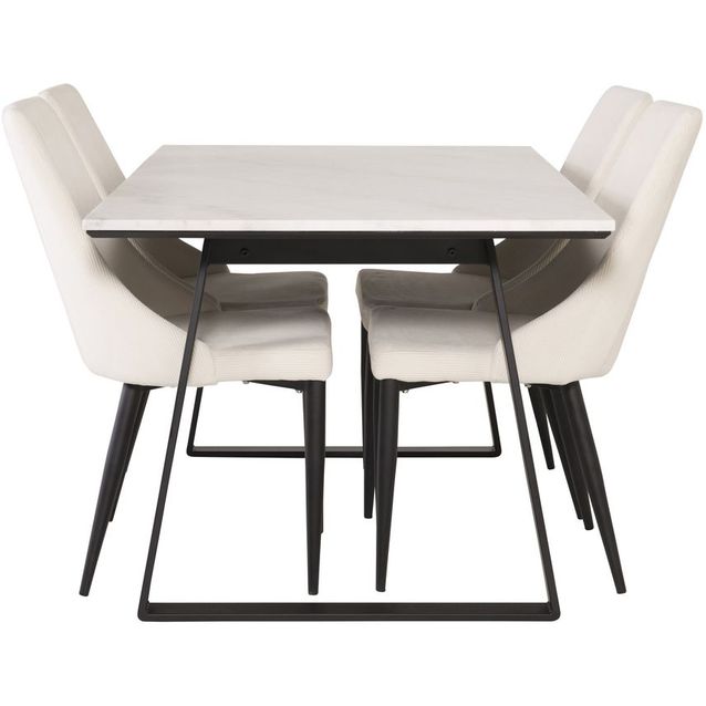 Ruokailuryhmä Venture Home, 140x90cm valkoinen Estelle-pöytä + 4 Leone-tuolia, vakosametti