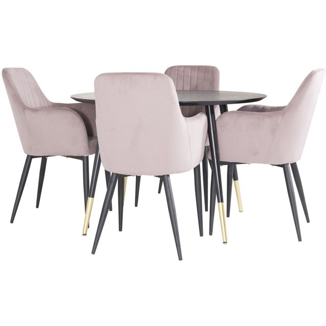 Pyöreä ruokailuryhmä Venture Home, Ø115cm musta Dipp-pöytä + 4 vaaleanpunaista Comfort-tuolia