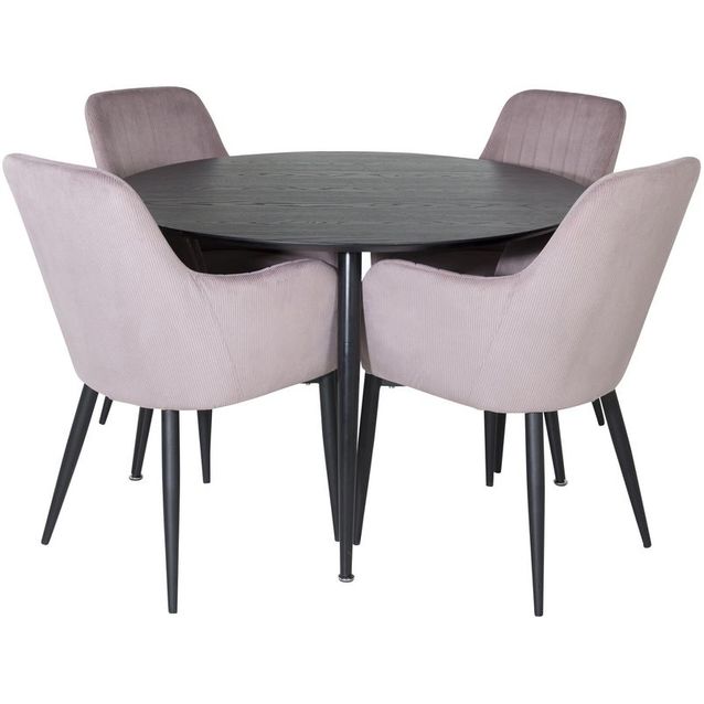 Ruokailuryhmä Venture Home, ⌀115cm musta Dipp-pöytä + 4 vaaleanpunaista Comfort-tuolia, vakosametti