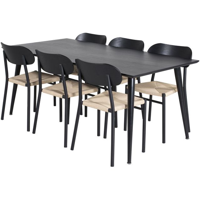 Ruokailuryhmä Venture Home, 180x90cm musta Dipp-pöytä + 6 musta-beigeä Polly-tuolia