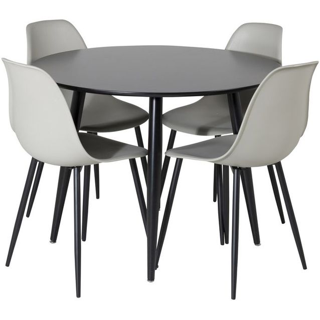 Ruokailuryhmä Venture Home, ⌀100cm musta Plaza-pöytä + 4 harmaata Polar Plastic -tuolia