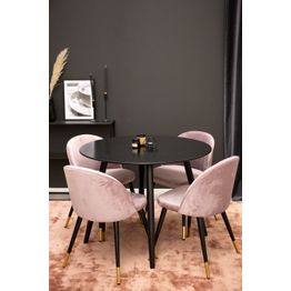 Pyöreä ruokailuryhmä Venture Home, Ø100cm musta Plaza-pöytä + 4 vaaleanpunaista Velvet-tuolia, sametti